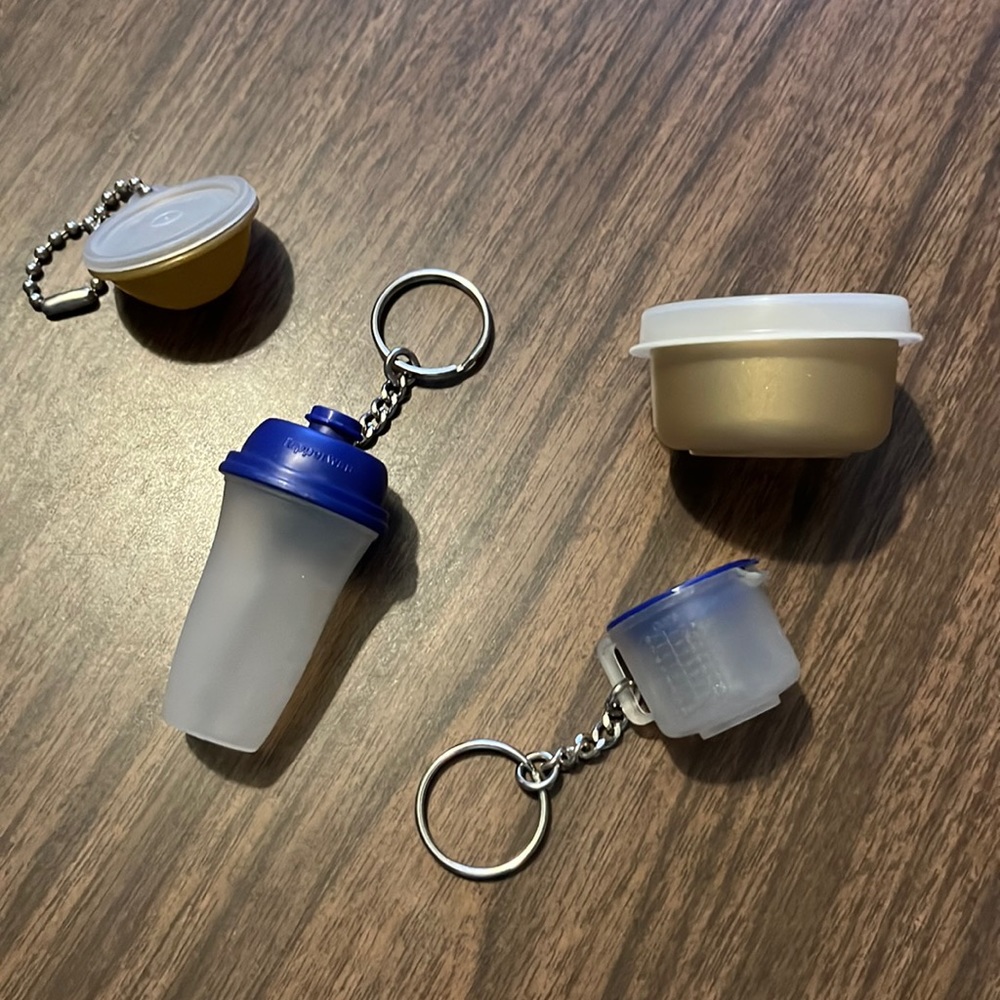 3 Tupperware Keychains and One Mini Tupperware Container
